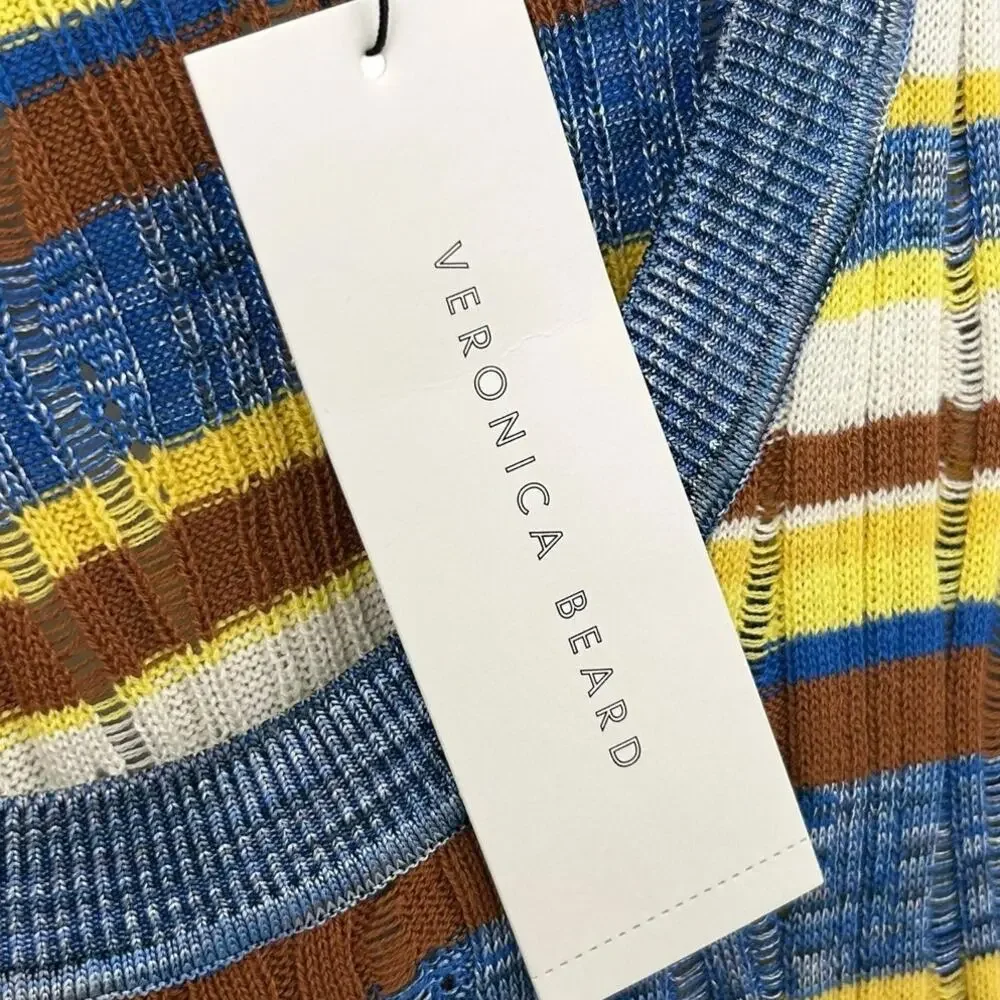 NWT Veronica Beard Stripe Chantal Scoop Neck Ribbed Sweater Yellow Blue Size XL